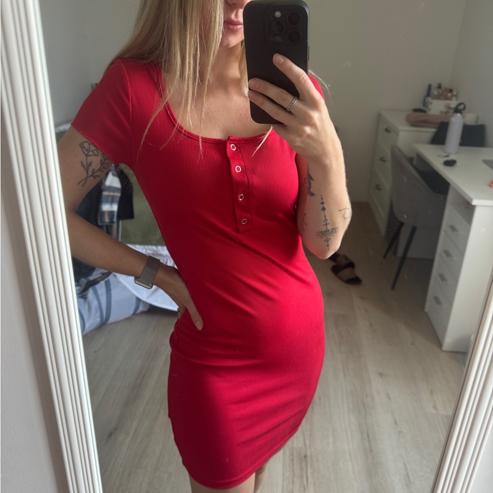Red Button-Front Dress